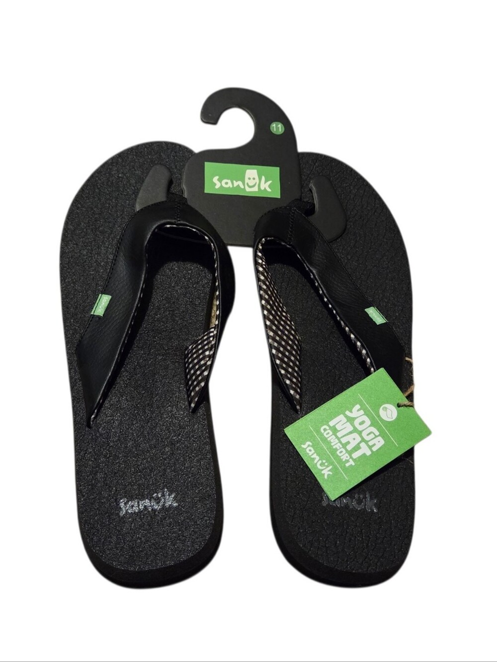 Sanuk Yoga Mat Flip Flop Sandals Ebony Black Checked Strap Women’s Size 11